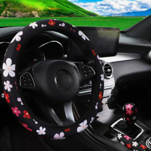 Set OF 3pcs Flower Print Polyester Car Steering Wheel Cover & Car Handbrake Cover & Car Gear Cover