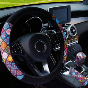 3pcs Flower Pattern Car Steering Wheel Cover & Handbrake & Gear Shift Cover Set