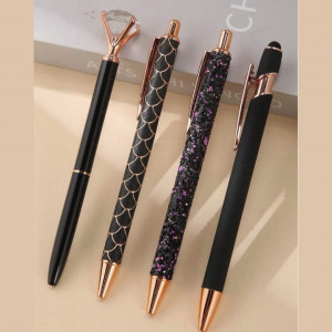 4pcs Crystal Diamond Ballpoint Pens Stainless Steel, Black Ink, 0.5 mm 